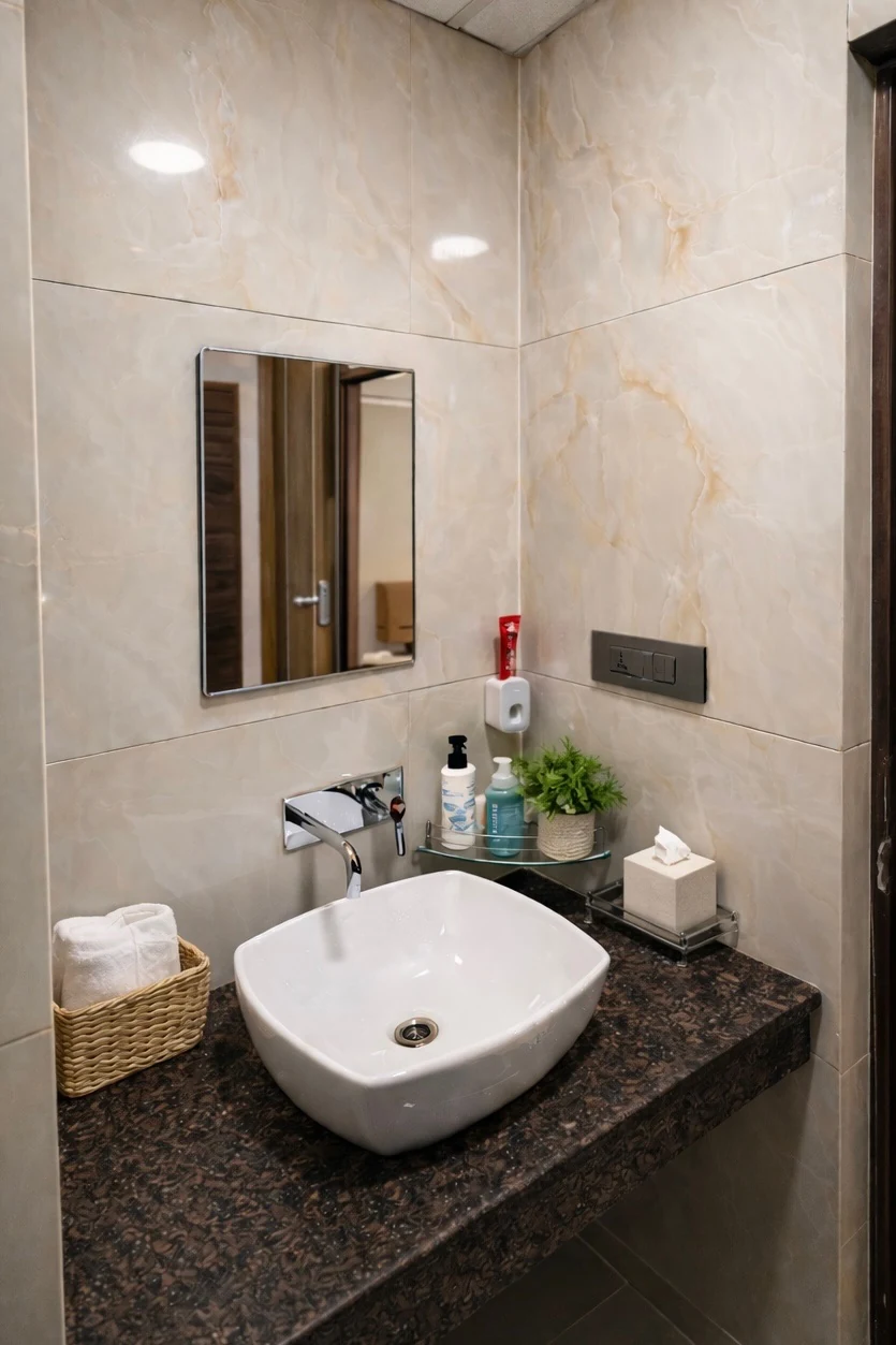 Marble bathroom with vanity and fresh towels
