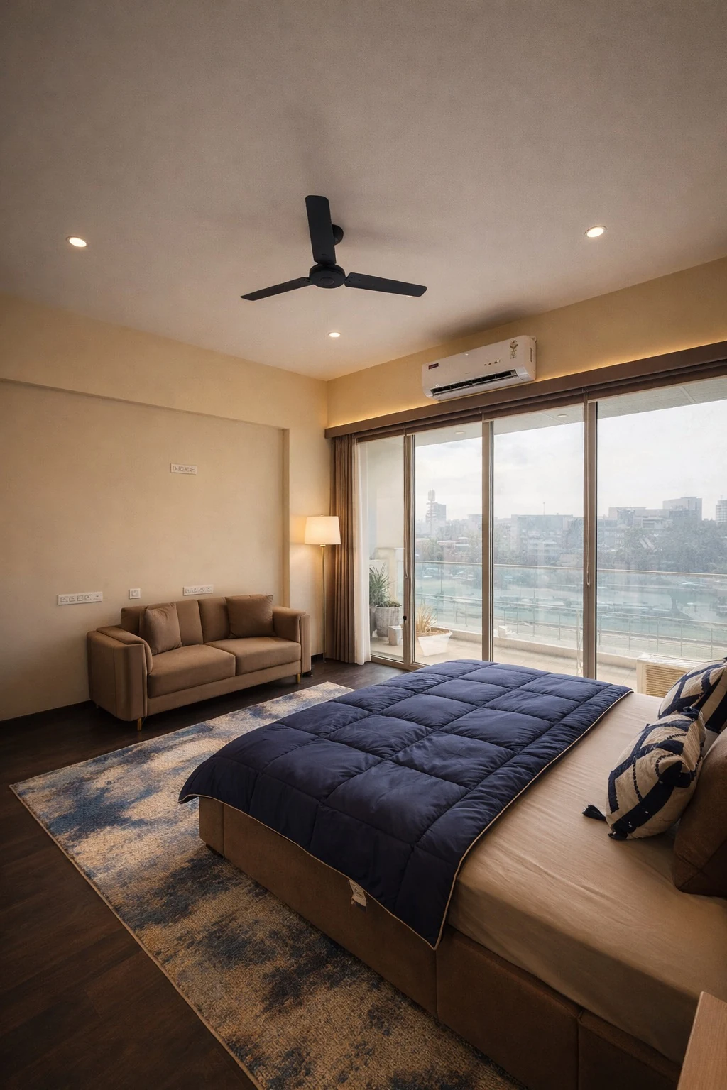 Bedroom lounge corner with sofa and balcony access