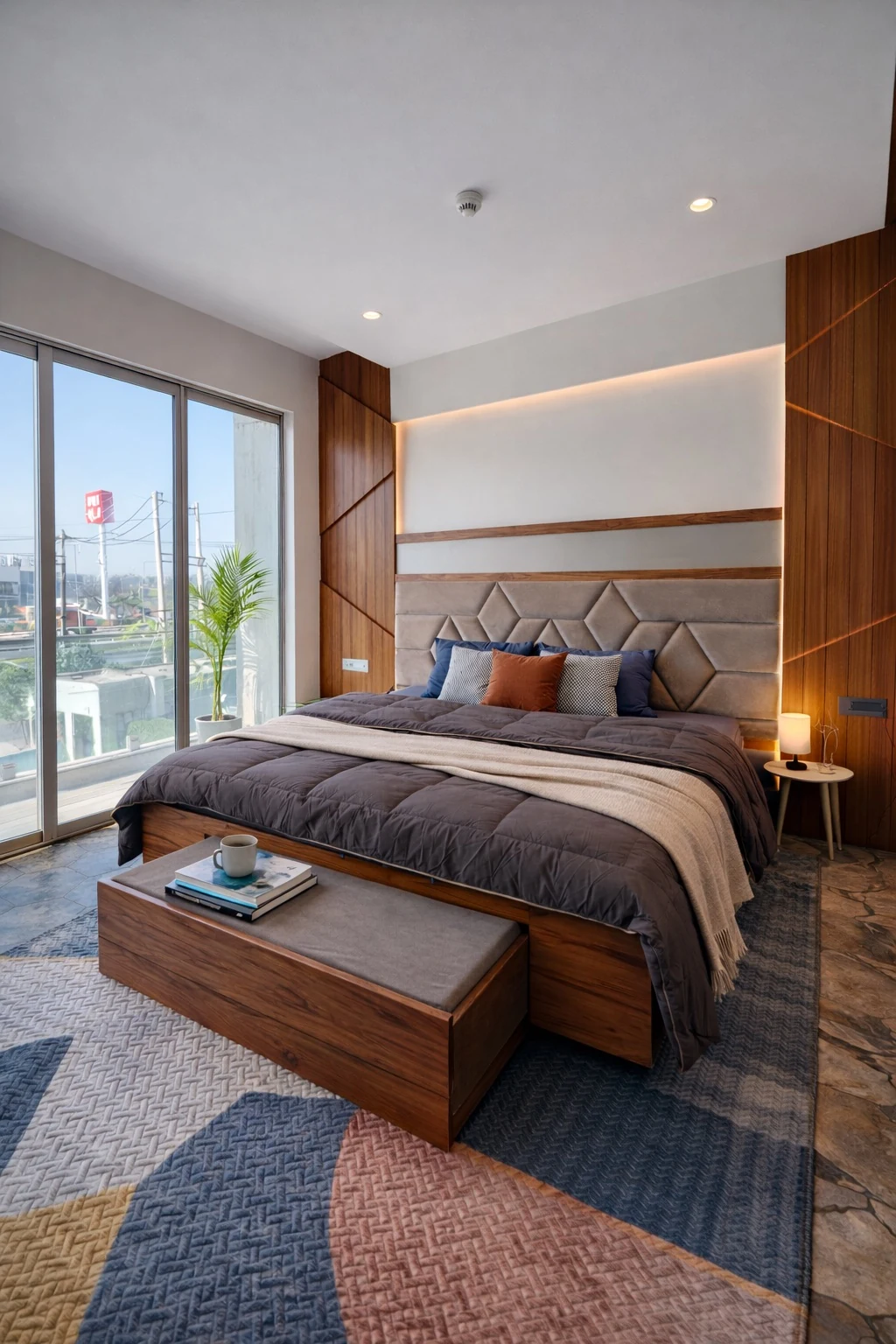 King size bed with teak wood panelling and city view