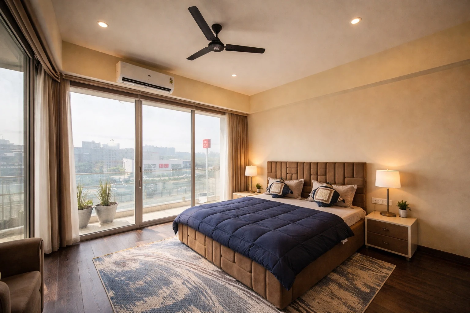 Sunlit king bedroom with floor-to-ceiling balcony windows